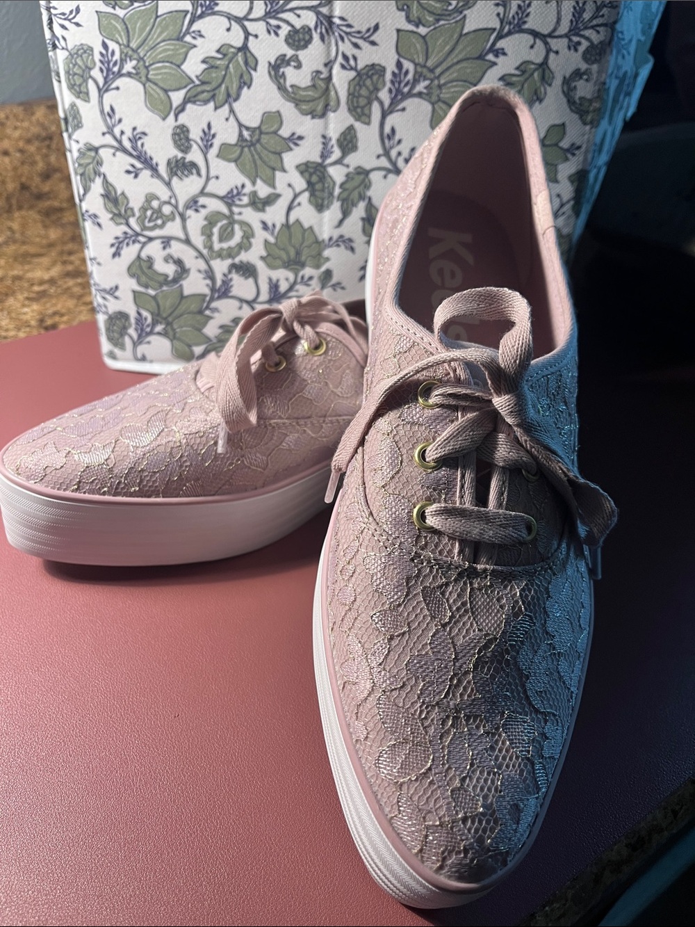 Keds Lace-Up Platform Sneakers in Blush with lace details NWOT